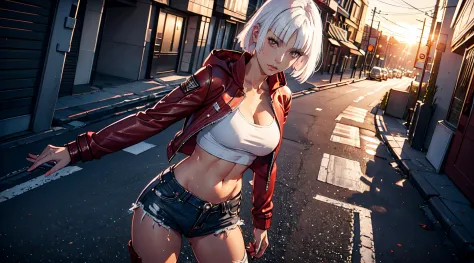 woman, 25 years old, white hair, short hair, (red eyes), white crop top, (padded jacket), (bare belly), ripped jeans, leather bo...