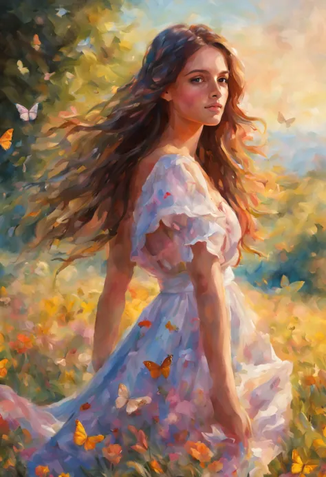 beautiful girl in a flower-filled meadow, oil painting style, vivid colors, HDR, ultra-detailed, realistic, sunlight filtering t...