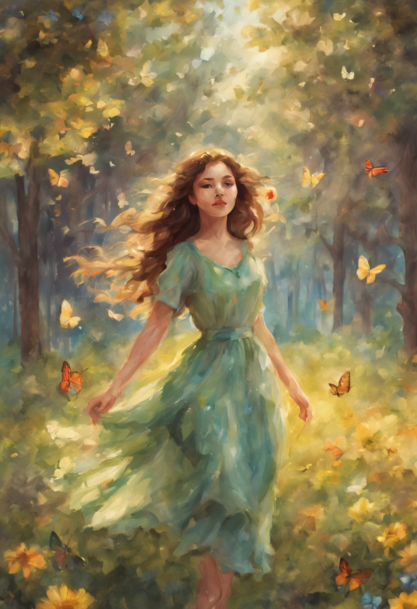 hermosa chica,prado soleado,entorno de arboles,ilustración,alta resolución,colores vívidos,tonos cálidos,iluminación suave,expresión alegre,pelo largo y suelto,vestido fluido,Flores aromaticas,mariposas volando,suave brisa,Atmósfera pacífica,Efecto destello de lente