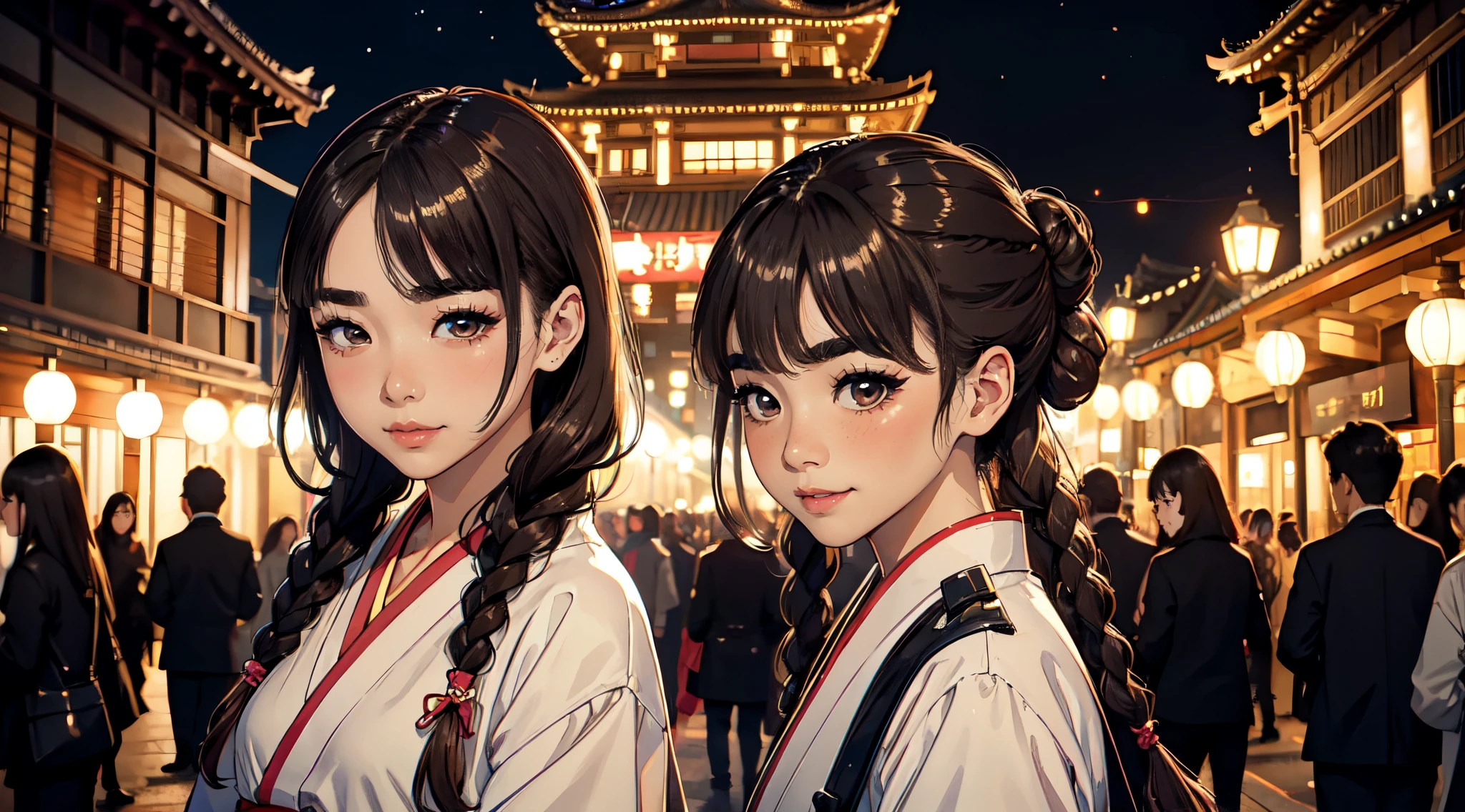 Kpop idol: 1.2, mix4, 1 Korean girl, 24 years old, (light eyebrows: 1.4), shiny brown eyes, bun head, tied two braids, ancient city, city temple, beautiful detail sky, street (crowd:1.2), night, (nose blush), hanfu, happy, smile