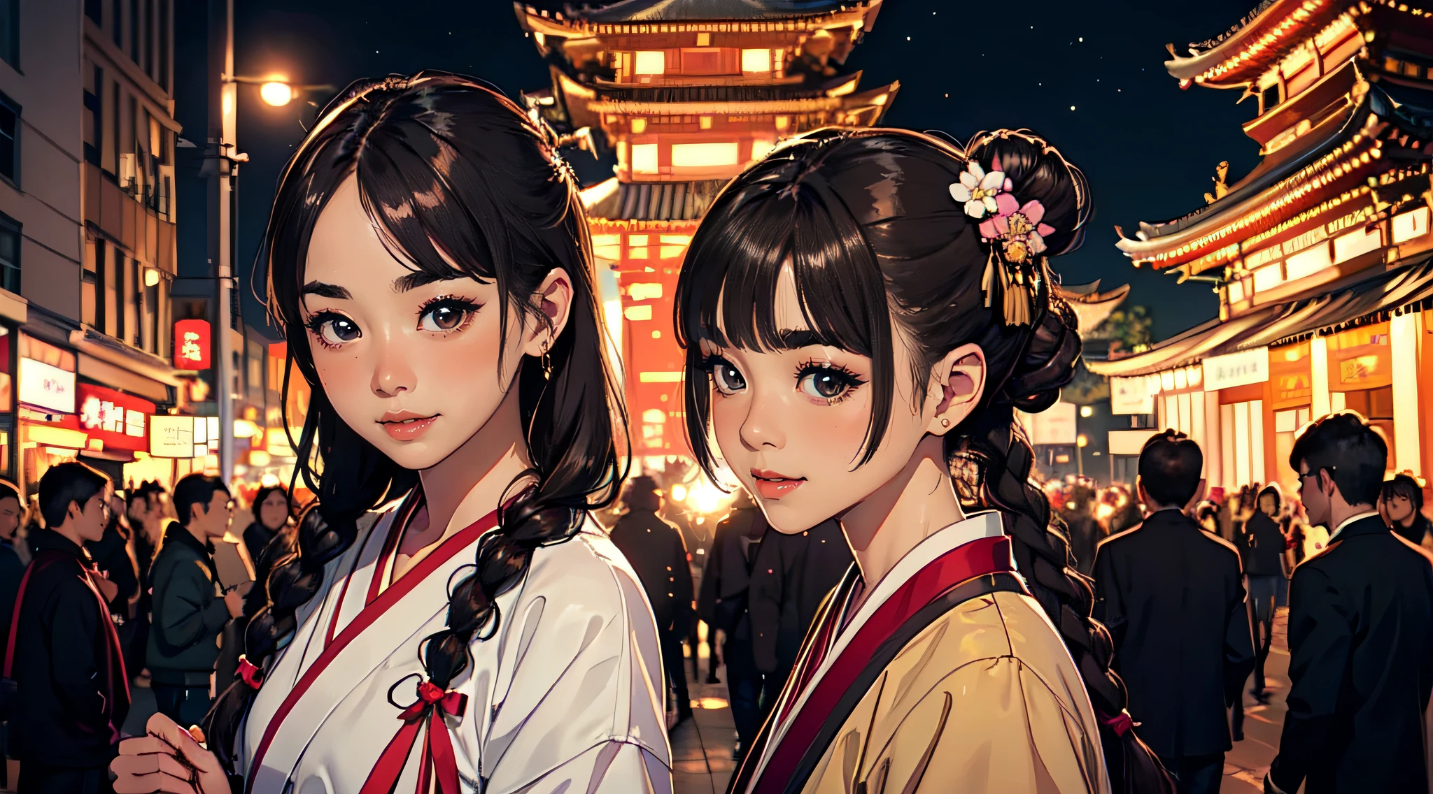 Kpop idol: 1.2, mix4, 1 Korean girl, 24 years old, (light eyebrows: 1.4), shiny brown eyes, bun head, tied two braids, ancient city, city temple, beautiful detail sky, street (crowd:1.2), night, (nose blush), hanfu, happy, smile