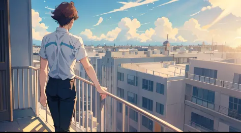 ! man,man standing at balcony,view from back,oikawa tooru,brown hair,back view,(((blue sky))),freedom,flying curtains,clouds,(((...