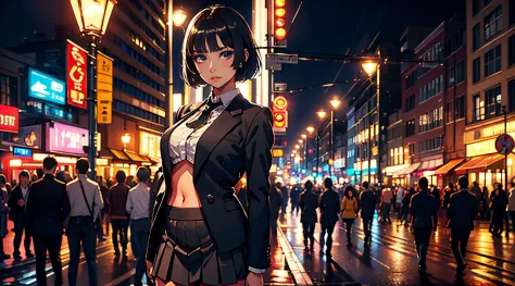 cute young Woman, short black Hair, Brown Eyes, Empress, pleated skirt suit, street lamps,neons, bustling street background, (na...