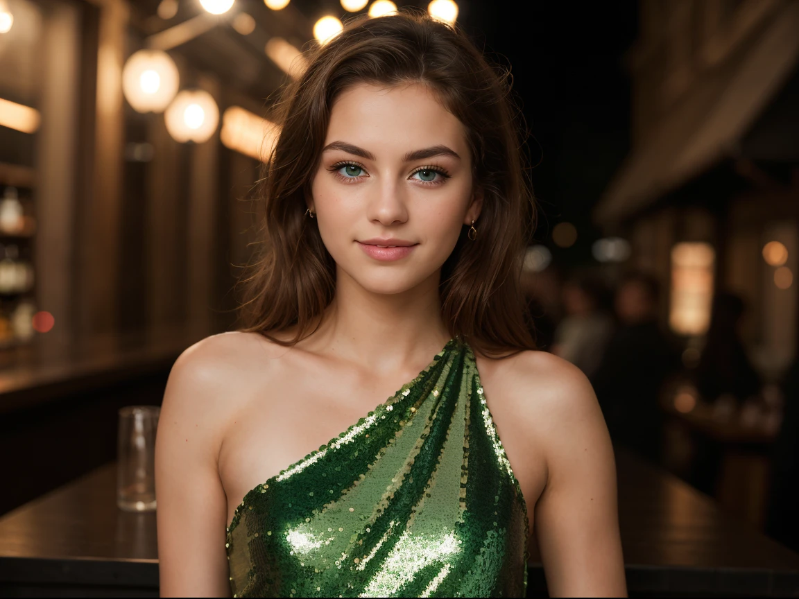 (masterpiece), (one girl 22 year old) Realistic Skin, (((Caucasian))) Intense blue eyes with catchlights. heavy mascara, Direct gaze. Backlit eyes. Digital photography. Plump soft pink lips, French girl with shoulder-length messy hair, she is , smiling posing for a picture, (((green sequin dress cocktail dress))), in the snow, snowy outdoors, thin and athletic, taken at night, flash photography