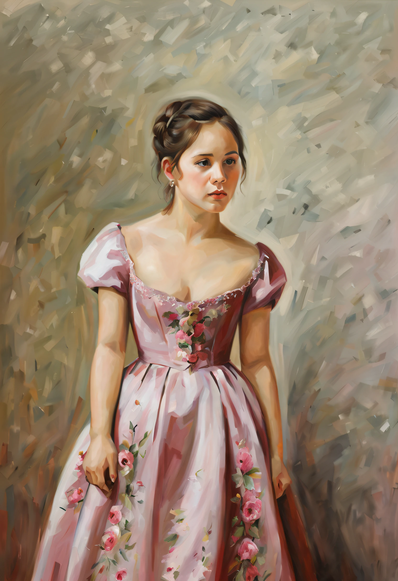 pintura a óleo,garota de pé em um vestido