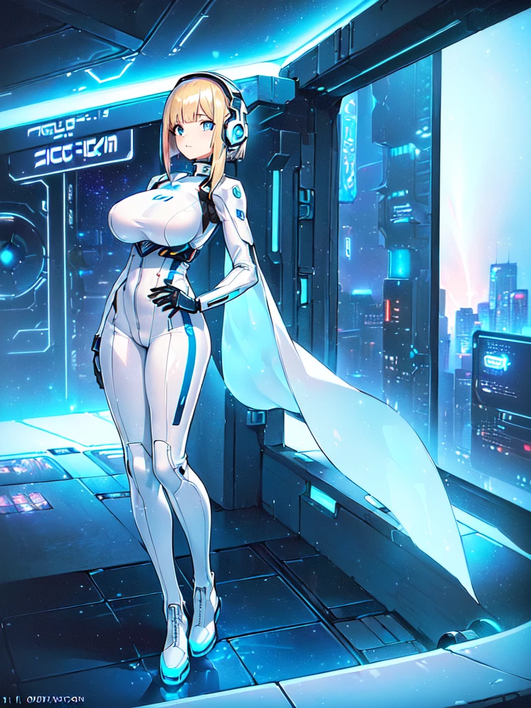 ​masterpiece:1.4, 1girl in ((20yr old, Wearing a futuristic white and silver costume, Tight Fit Bodysuit, long boots, Very gigantic-breasts, Multicolored blonde hair, a short bob, Perfect model body, Blue eyes:1.4, Wearing headphones, Flirting, Looking out the window of the futuristic sci-fi space station、While admiring the beautiful galaxy:1.2, SFSF control room on night background:1.1, Neon and energetic atmosphere:1.2)) ((Galaxy)) ((Solo:1.6))