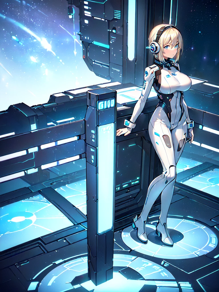 ​masterpiece:1.4, 1girl in ((20yr old, Wearing a futuristic white and silver costume, Tight Fit Bodysuit, long boots, Very gigantic-breasts, Multicolored blonde hair, a short bob, Perfect model body, Blue eyes:1.4, Wearing headphones, Flirting, Looking out the window of the futuristic sci-fi space station、While admiring the beautiful galaxy:1.2, SFSF control room on night background:1.1, Neon and energetic atmosphere:1.2)) ((Galaxy)) ((Solo:1.6))