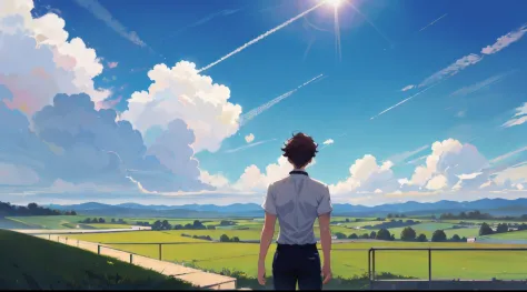 ! man,man standing at balcony,view from back,oikawa tooru,brown hair,looking at school grounds,running field,buildings in distan...