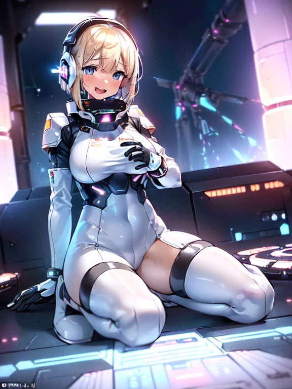 ​masterpiece:1.4, 1girl in ((20yr old, Wearing a futuristic white and silver costume, Tight Fit Bodysuit, long boots, Very gigantic-breasts, Multicolored blonde hair, a short bob, Perfect model body, Blue eyes:1.4, Wearing headphones, Presenting Panties, Plain white panties, sexual excitement, nose blush, :D, Teary eyes, 5 Truss, Looking out the window of the futuristic sci-fi space station、While admiring the beautiful galaxy:1.2, SFSF control room on night background:1.1, Neon and energetic atmosphere:1.2)) ((Galaxy)) ((Solo:1.6))