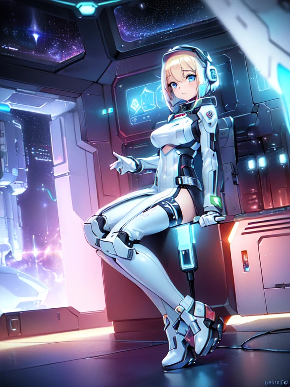 ​masterpiece:1.4, 1girl in ((20yr old, Wearing a futuristic white and silver costume, Tight Fit Bodysuit, long boots, Very gigantic-breasts, Multicolored blonde hair, a short bob, Perfect model body, Blue eyes:1.4, Wearing headphones, (holding panties
presenting panties):1.6, Plain white panties, Looking out the window of the futuristic sci-fi space station、While admiring the beautiful galaxy:1.2, SFSF control room on night background:1.1, Neon and energetic atmosphere:1.2)) ((Galaxy)) ((Solo:1.6))