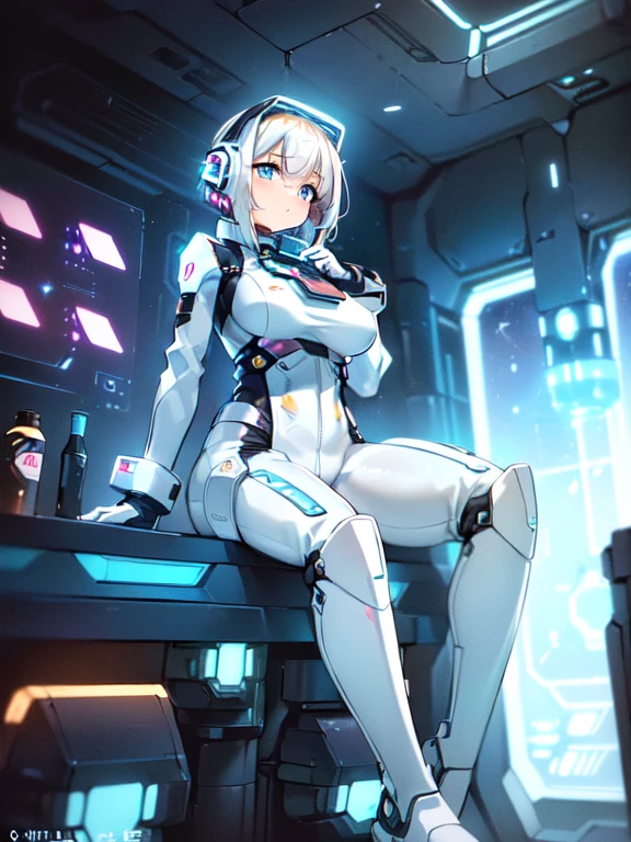 ​masterpiece:1.4, 1girl in ((20yr old, Wearing a futuristic white and silver costume, Tight Fit Bodysuit, long boots, Very gigantic-breasts, Multicolored blonde hair, a short bob, Perfect model body, Blue eyes:1.4, Wearing headphones, (holding panties presenting panties):1.6, Plain white panties, Looking out the window of the futuristic sci-fi space station、While admiring the beautiful galaxy:1.2, SFSF control room on night background:1.1, Neon and energetic atmosphere:1.2)) ((Galaxy)) ((Solo:1.6))