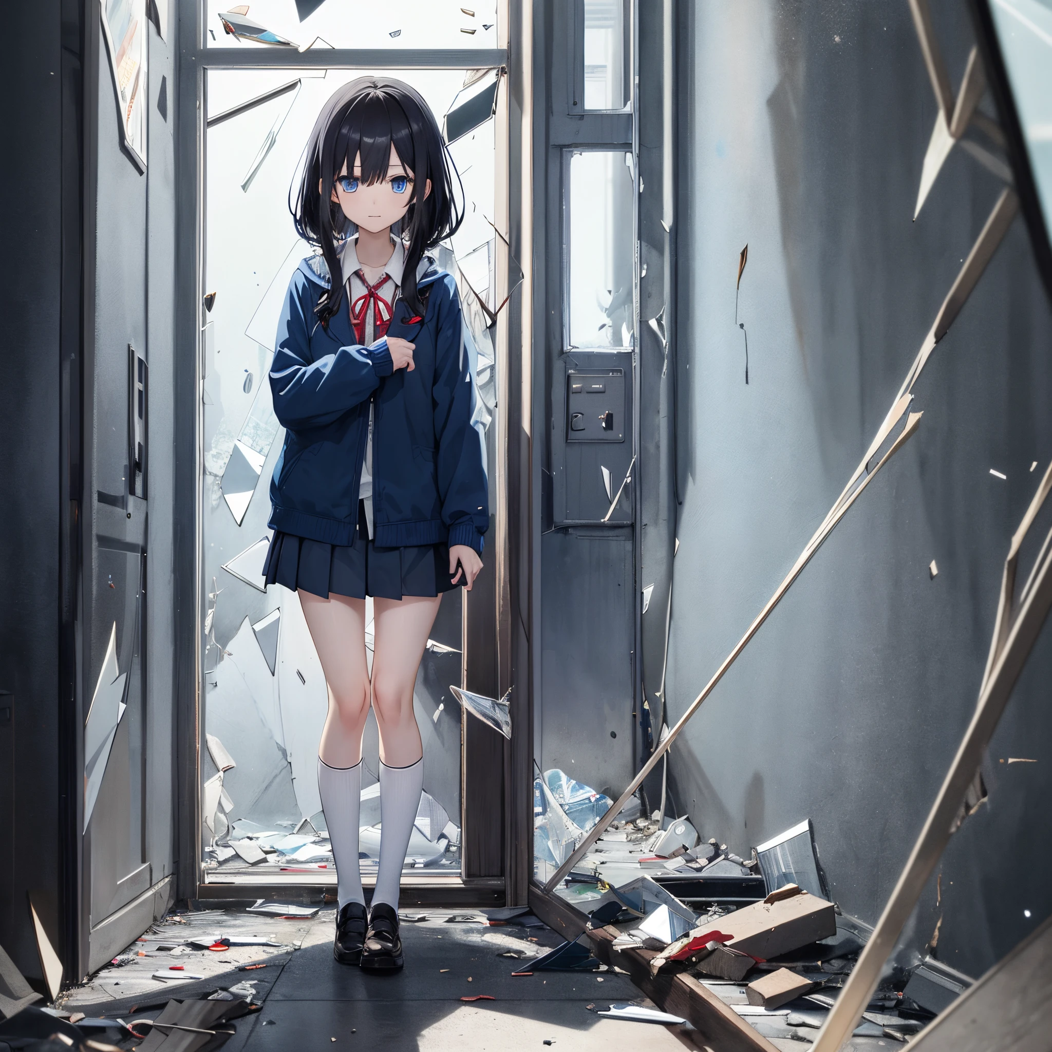 anime, black hair, Schoolgirl girl, blue jacket, blue eyes, darkblue skirt, red ribbon around the neck, full height, Full-length girl, beste-Qualit, Broken glass, shattered glass, glass broken into pieces