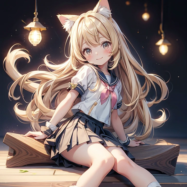 best quality, girl, (loli), kawaii, long hair, blonde hair, light smile, ((small breasts)), (turning around), (pleated_skirt), looking back, sitting, seifuku, full body, cat ear,