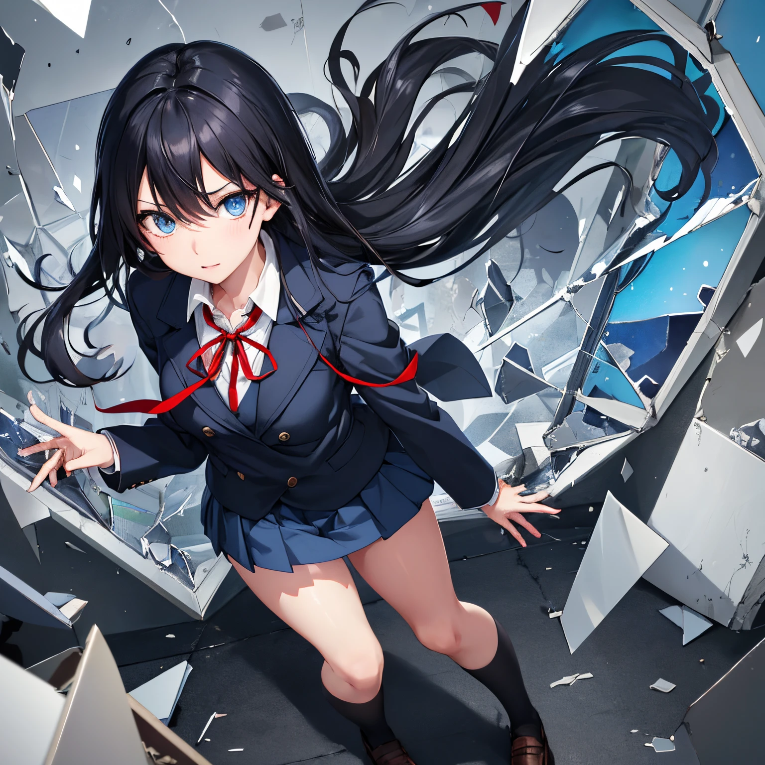 anime, black hair, Schoolgirl girl, blue jacket, blue eyes, darkblue skirt, red ribbon around the neck, full height, Full-length girl, beste-Qualit, Broken glass, shattered glass, glass broken into pieces