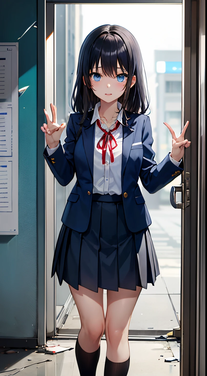 anime, black hair, Schoolgirl girl, blue jacket, blue eyes, darkblue skirt, red ribbon around the neck, full height, Full-length girl, beste-Qualit, Broken glass, shattered glass, glass broken into pieces