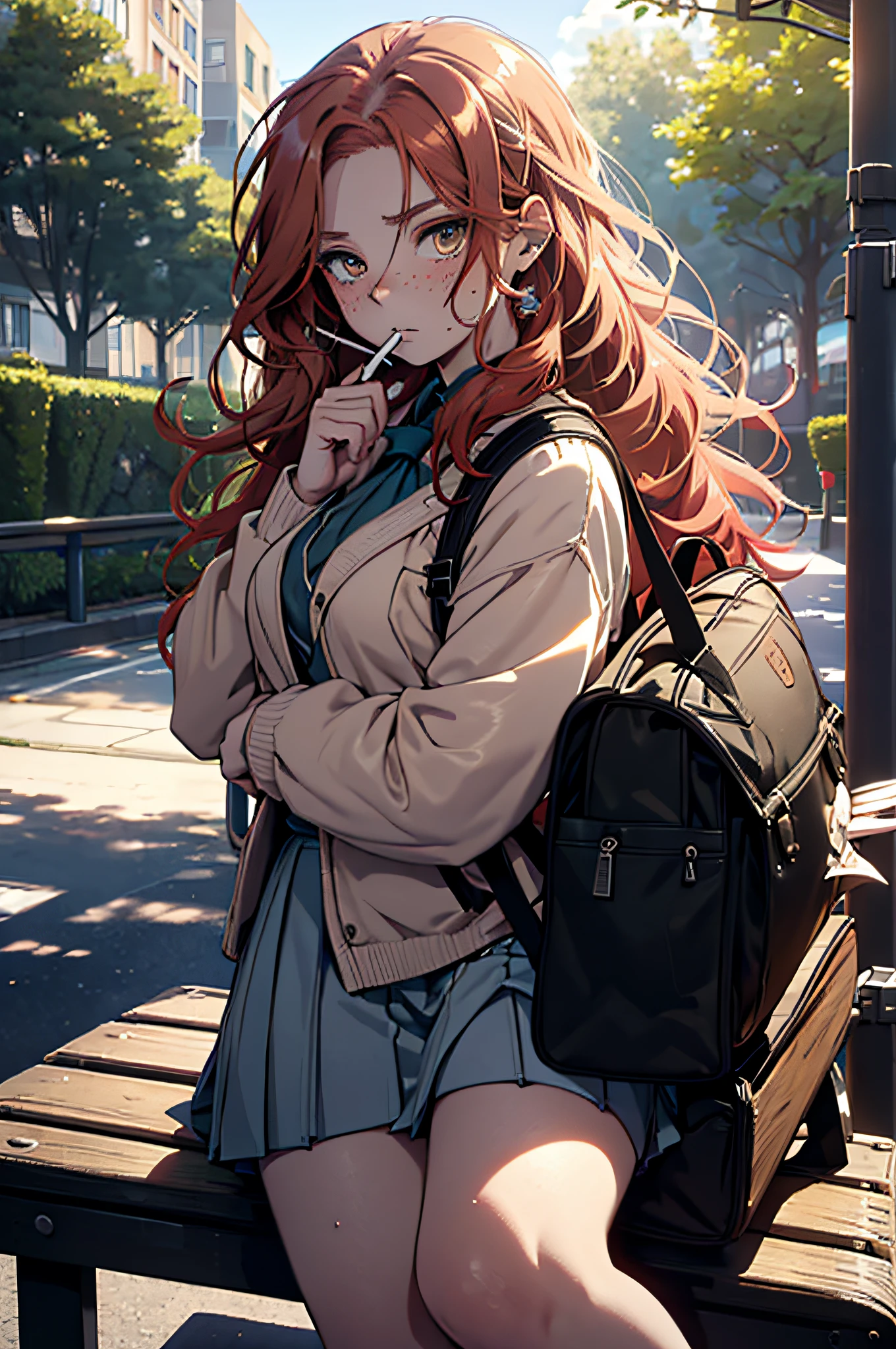 (ultra-detailed, HD, vivid color, 2D, anime), female, 17 years old, red hair, bored, long hair, mature, tired, cigarette between fingers, tired eyes, big eyelashes, sulking camera, wavy hair, pale skin, rosy cheeks, freckles, sitting on a bench in the park, schoolgirl clothes, teddy bear backpack