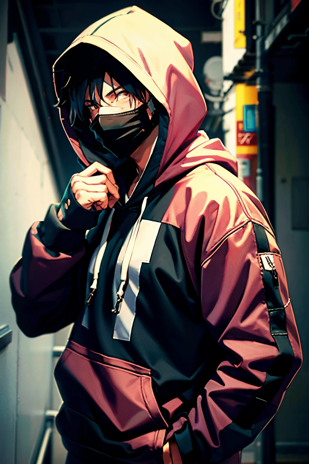 Anime style man in a hoodie and mask standing in a hallway SeaArt AI