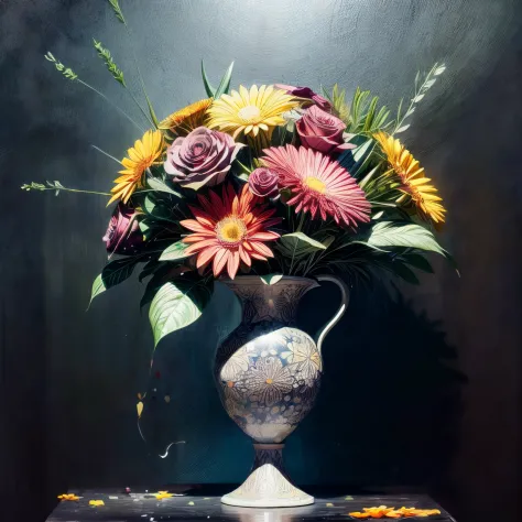 A vase with flowers, wtrcolor style, Digital art of a vase with flowers, beautiful bouquet, spectacular, colourful, official art...