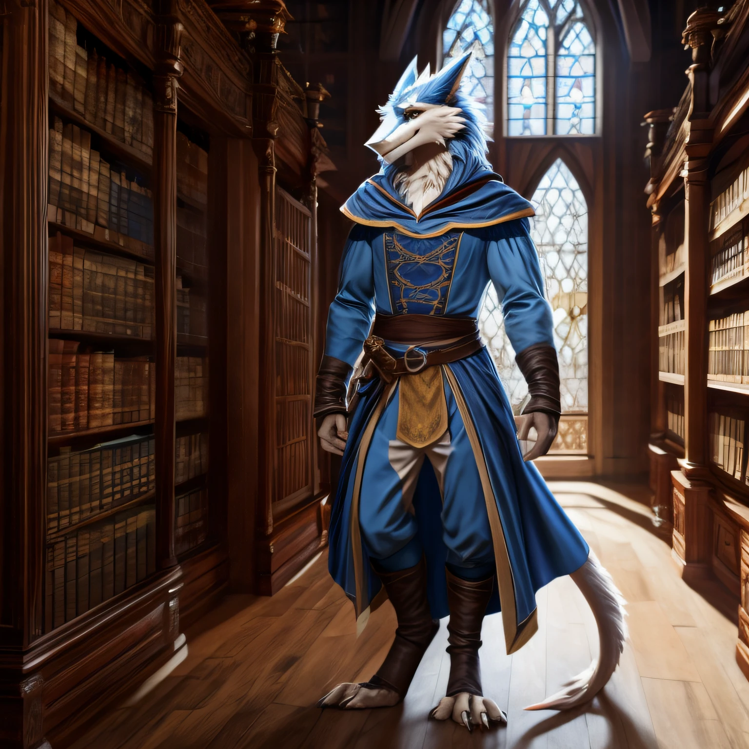 Un personnage de sergal mâle à longue fourrure blanche et bleu ciel, image du corps entier, porter une tenue d&#39;aristocrate médiévale, debout dans une bibliothèque médiévale