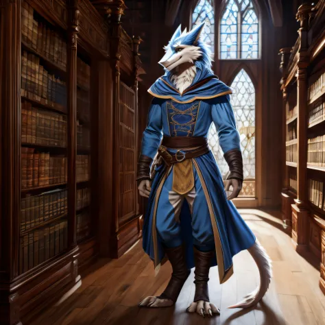 A male sergal character with white and sky blue long fur, fullbody image, wearing medieval aristocrat attire, standing in mediev...
