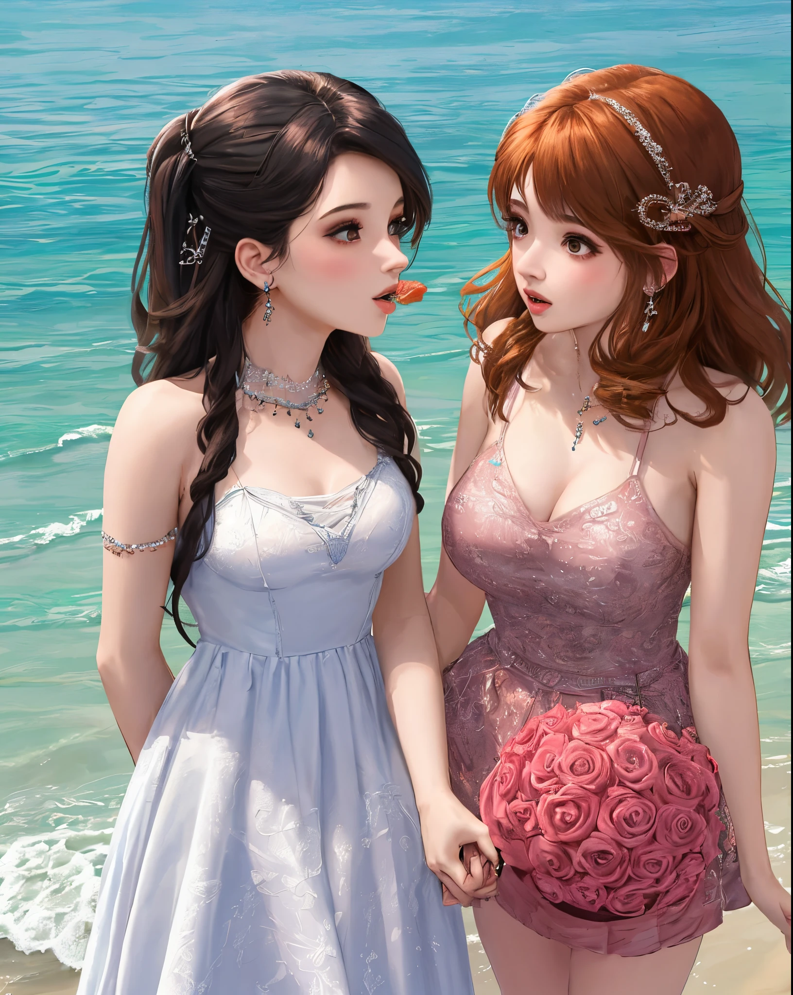 Two women in dresses standing next to each other on a beach - SeaArt AI