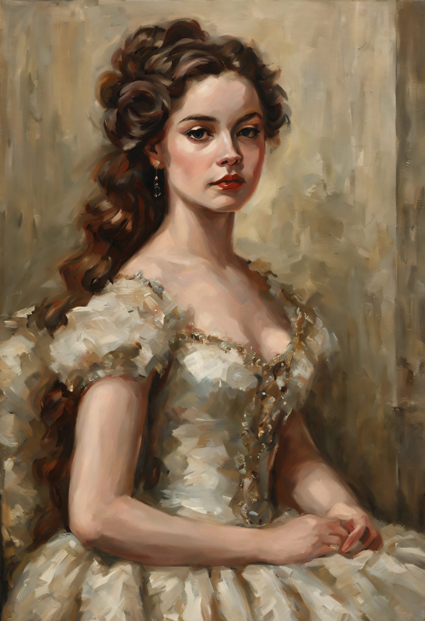 Pintura al óleo de una bella joven al estilo de Philippe de Laszlo, una chica con un vestido de fiesta, el lujoso cabello de la niña