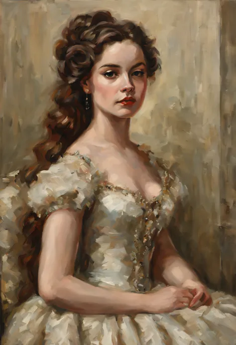 Oil painting of a beautiful young woman in the style of Philippe de Laszlo, a girl in a ball gown, the girl’s luxurious hair