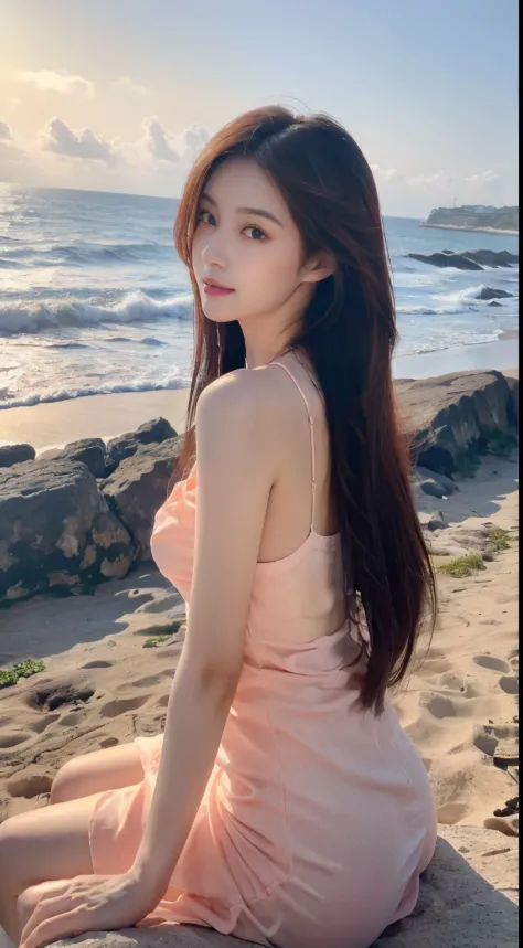 ，tmasterpiece, Best quality at best，8K, 超高分辨率，(beautidful eyes:1.5)， ((mid view，upper part of body:1.5))，Seaside in the evening，The sky slowly turns orange-red，The waves gently lap at the shore。goddess sitting on the beach，