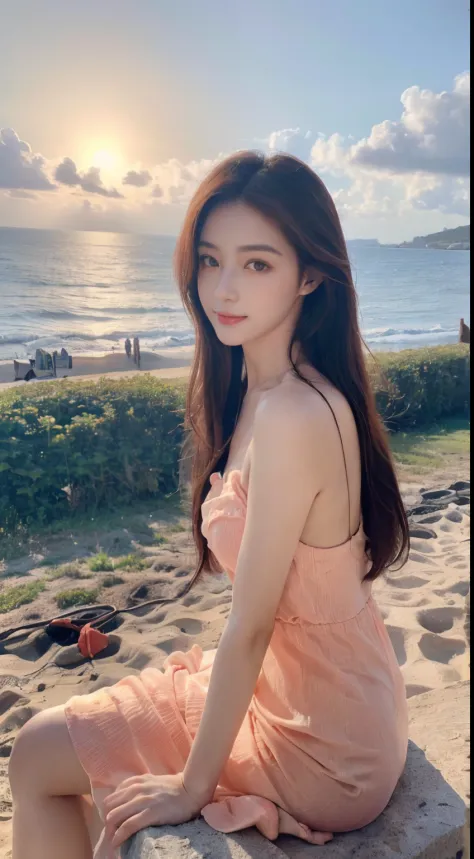 ，tmasterpiece, Best quality at best，8K, 超高分辨率，(beautidful eyes:1.5)， ((mid view，upper part of body:1.5))，Seaside in the evening，The sky slowly turns orange-red，The waves gently lap at the shore。goddess sitting on the beach，
