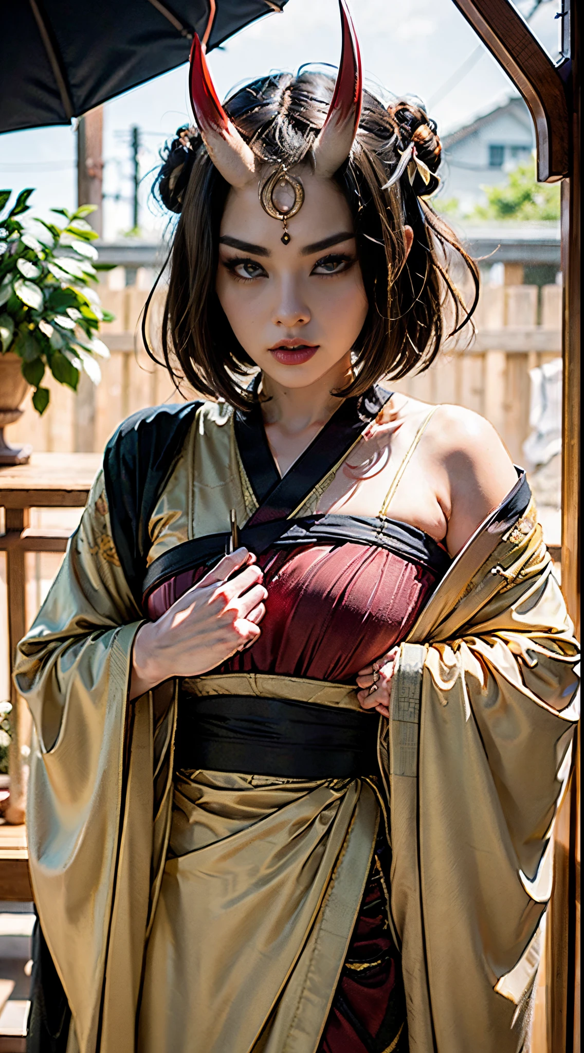 obra maestra, muy detallado, Híper realista, HD fullbodyshot de hermosa geisha con corte bob rubio, Moño, horquillas, vistiendo un kimono con hombros caídos y un patrón de tigre que muestra clivaje, sosteniendo un paraguas japonés en el hombro, usando calzado alto de geisha, rasgos faciales perfectos con una mirada seductora y seria,  expresivos ojos rojos brillantes, forma del cuerpo perfecta, curvas, grande, forma de cuerpo grueso y musculoso , (Los Cuernos Rojos:1.3)