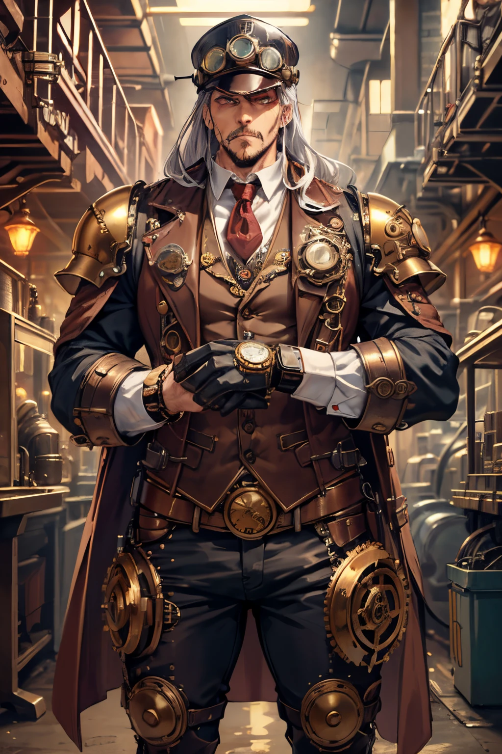 Grand homme fort, puissant, vampire, yeux rouges brillants, cheveux blancs longs et flottants, couvert de cicatrices, équipement steampunk, lunettes de scientifique steampunk, montre steampunk au poignet, debout dans une usine, visage détaillé, haute qualité, armure fine et gilet, Beaucoup de tissu, Fantaisie, qualifié