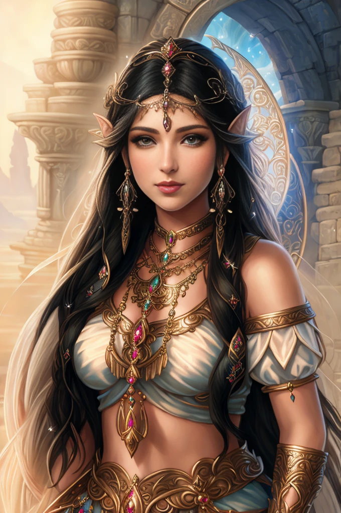 un primer plano de una mujer con cabello largo usando joyas, hermosa doncella, hermosa doncella de fantasía, Arte de fantasía 4K, hermoso arte de fantasía portrait, mujer de fantasia, retrato de una hermosa diosa, hermosa y elegante reina elfa, una hermosa emperatriz de fantasía, retrato de arte de fantasía épica, hermoso arte de fantasía, ((una hermosa emperatriz de fantasía)), un impresionante retrato de una diosa