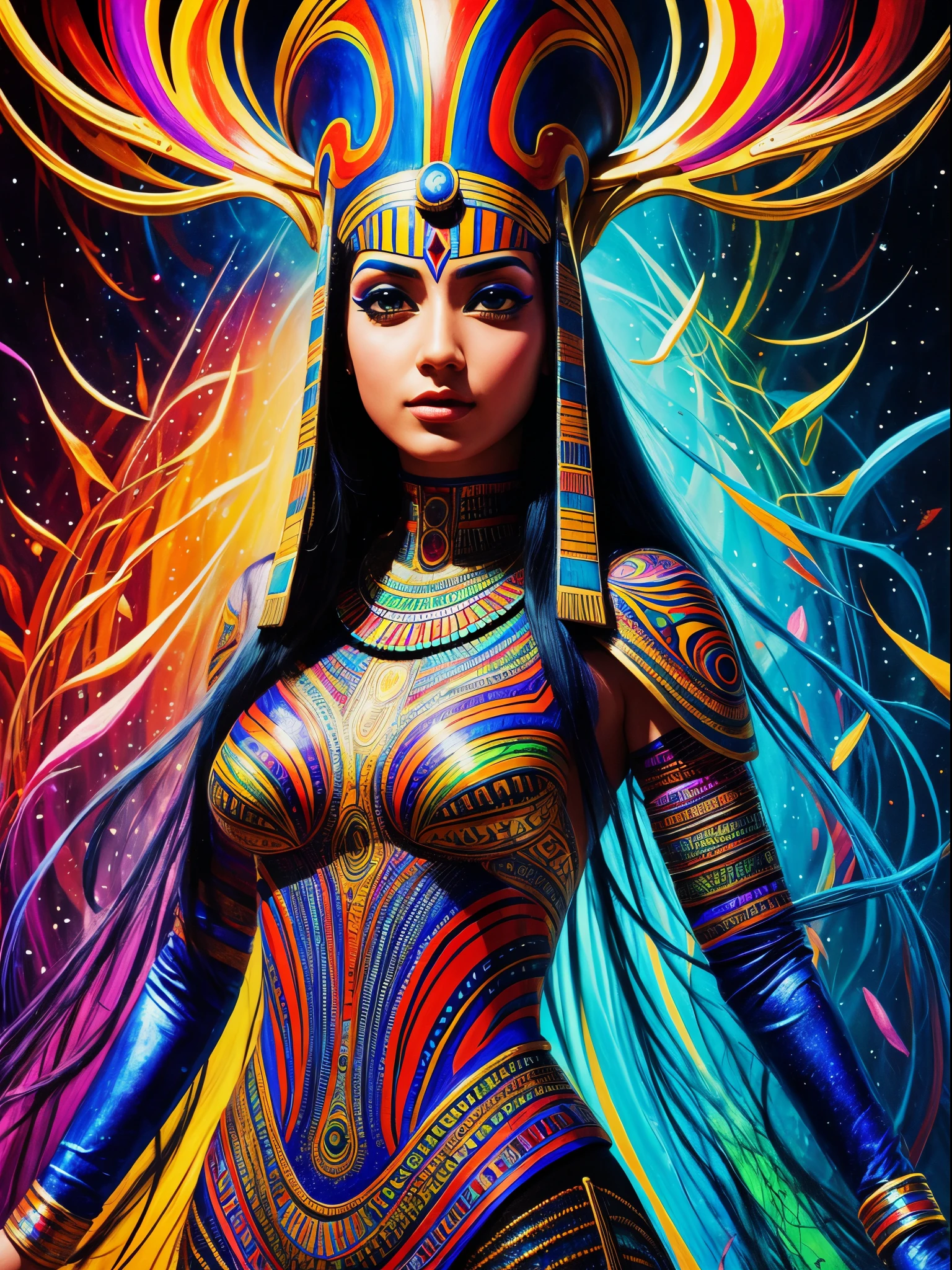 psychedelic painting, Psychedelic characters, Psychedelic scene, The psychedelic world, Egyptian art, futuristic style, Psychedelic performer, Realistic drawing effect, Realistic painting quality, image quality, Custom Creation Style, Custom painting, two arms