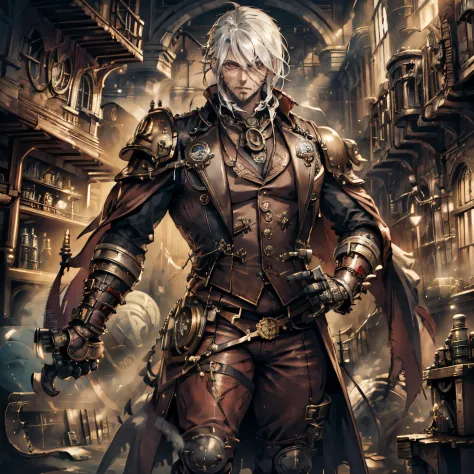 Large strong man, powerful, vampire, glowing red eyes, long flowing white hair, covered in scars, steampunk gear, steampunk scie...