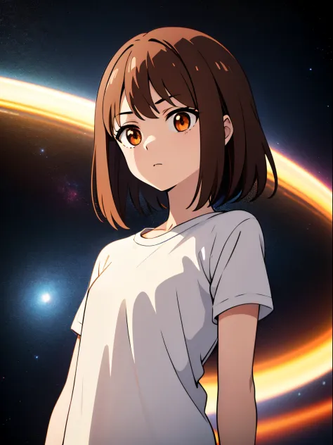 Girl, brown hair, Orange Eyes, arms crossed, In the middle of space, ((Anime style)), white  shirt, soft colors, colorfully back...