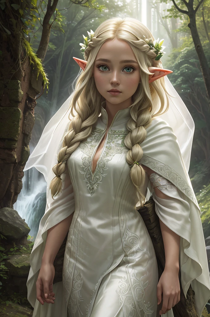 upper body close-up, druid female elf, multiple stitched layer cloth armor, white silk cloak, intricate floral pattern, long dark blonde hair, waterfall braid hairstyle, detailed face and eyes, young woman, forest lake with ruins background, volumetric light, god rays, long elf ears, green and white silk outfit, wooden accessories