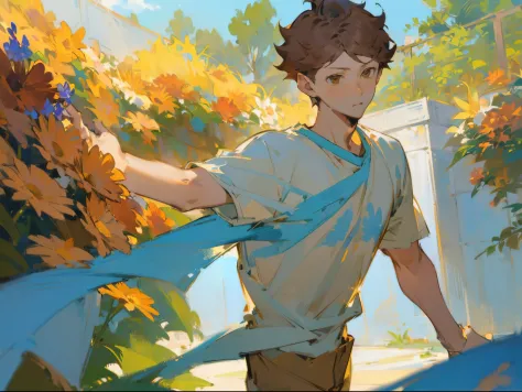 ((solo focus)),(((1 boy))),male focus,(((oikawa tooru))),fechin, oil painting, impressionism,(((sunlight))),brown hair,((brown e...