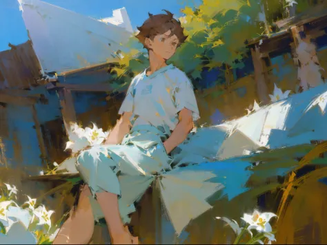 (((solo focus))),(((1 boy))),male focus,(((oikawa tooru))),fechin, oil painting, impressionism,(((sunlight))),brown hair,((brown...