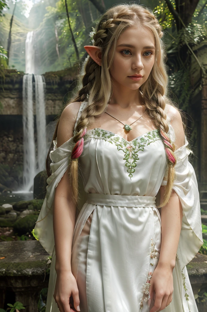 upper body close-up, druid female elf, multiple stitched layer cloth armor, white silk cloak, intricate floral pattern, long dark blonde hair, waterfall braid hairstyle, detailed face and eyes, young woman, forest lake with ruins background, volumetric light, god rays, long elf ears, green and white silk outfit, wooden accessories