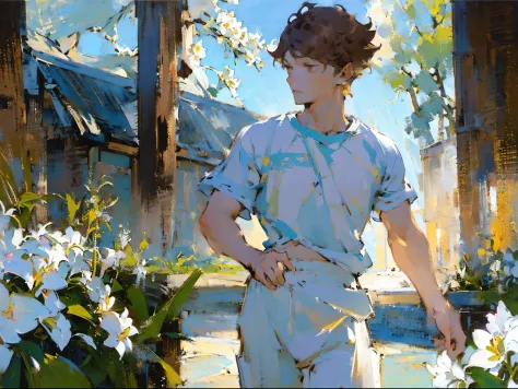 (((solo focus))),(((1 boy))),male focus,(((oikawa tooru))),fechin, oil painting, impressionism,(((sunlight))),brown hair,((brown...