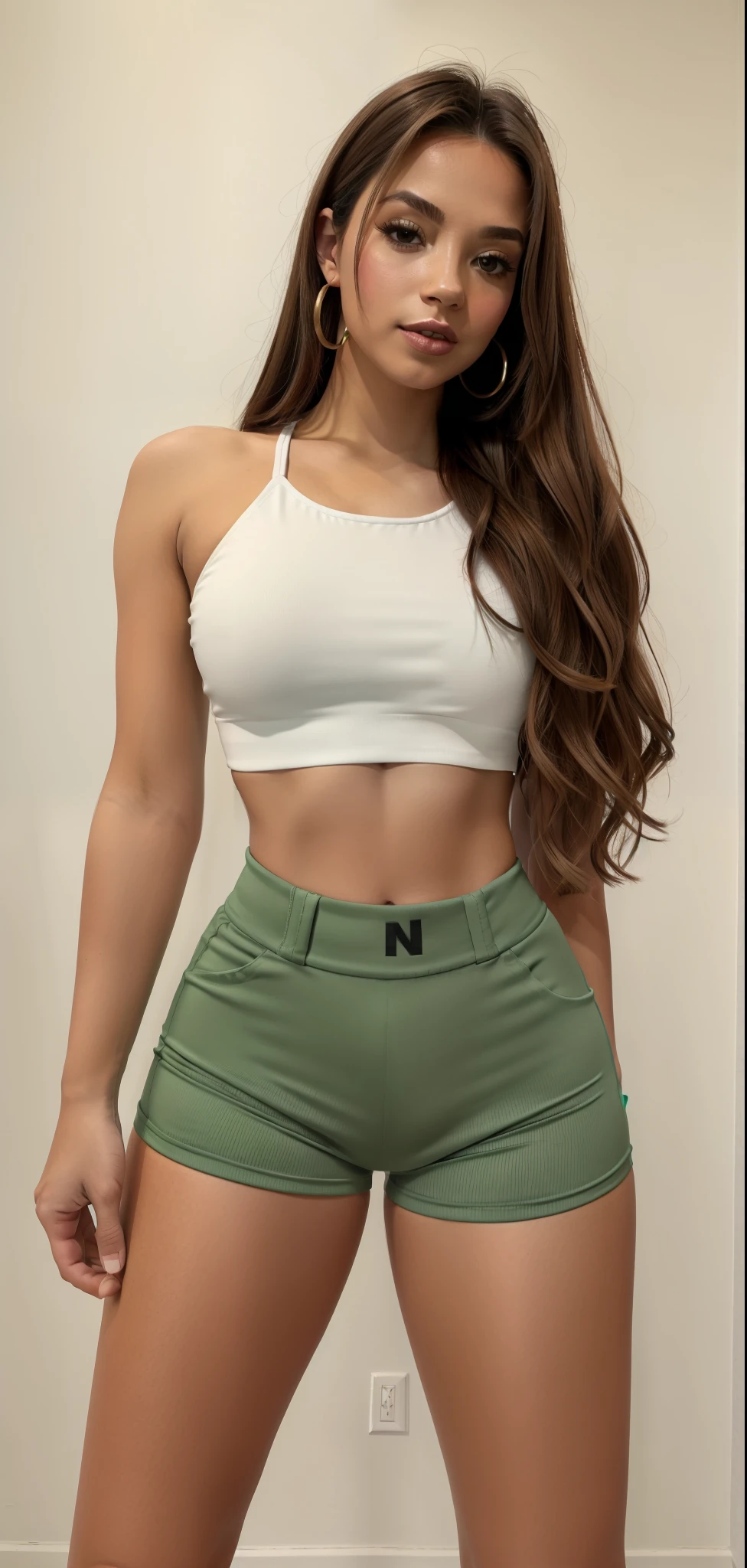 A woman in a white top and green shorts posing for a picture - SeaArt AI