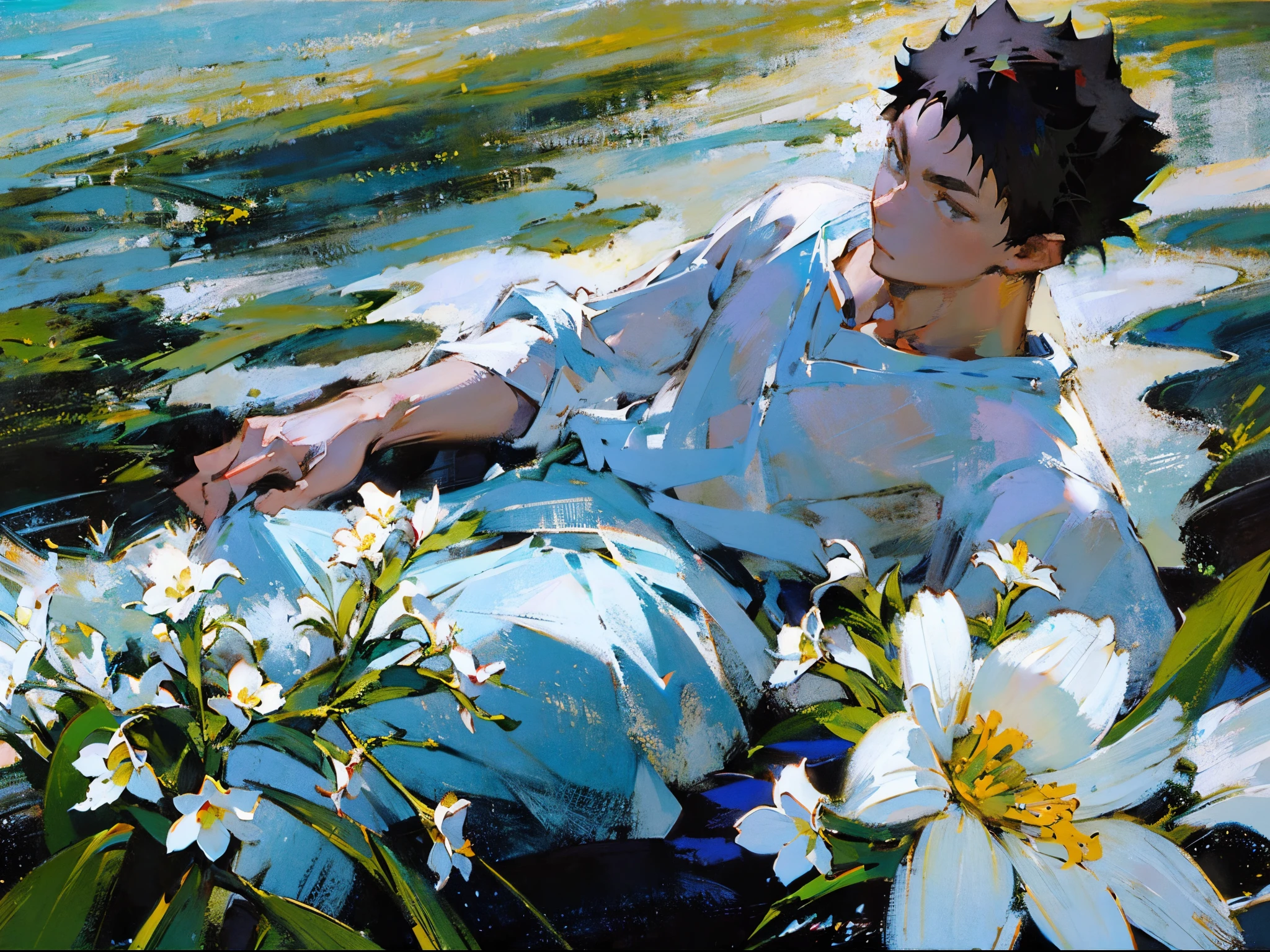 (((solo focus))),(((1 boy))),male focus,(((iwaizumi))),Fechin, oil painting, IMPRESSIONISM,(((sunlight))),black hair,((black eyes)),((short hair))plants,(((white flowers))),rustic scenery,cottages,lily of the valley,(blue sky),(((plain white tshirt))),khaki shorts,vibrant colors,((cool toned blue focus)),((((Looking at viewer)))),perfect face,(((handsome))),spiky hair