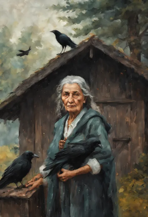 (best quality),portrait, an old woman, slavic, (witch with gray hair), shawl on shoulders, i&#39;i&#39;i&#39;m standing at the o...