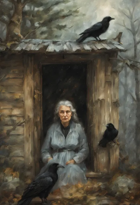 (Best Quality),Portrait, An old woman, Slavic, (witch with gray hair), shawl on shoulders, I&#39;I&#39;I&#39;m standing at the o...