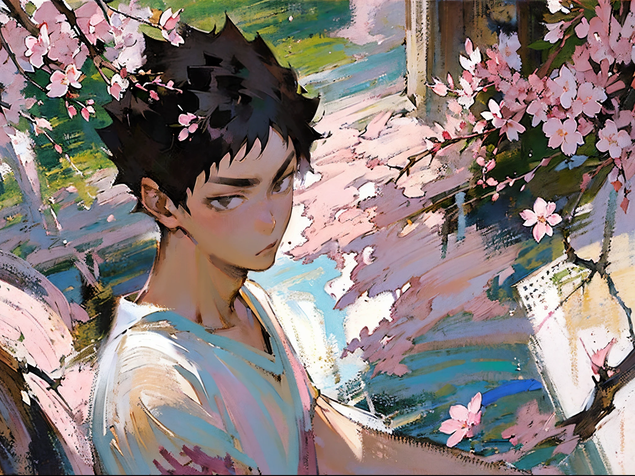 (((solo focus))),(((1 boy))),male focus,(((iwaizumi))),Fechin, oil painting, IMPRESSIONISM,black hair,((black eyes)),((short hair))plants,(((pink cherry blossom flowers))),rustic scenery,cottages,sakura,(((plain white tshirt))),khaki shorts,vibrant colors,((warm toned focus)),((((Looking at viewer)))),perfect face,(((handsome))),spiky hair