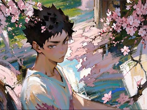 (((solo focus))),(((1 boy))),male focus,(((iwaizumi))),fechin, oil painting, impressionism,black hair,((black eyes)),((short hai...