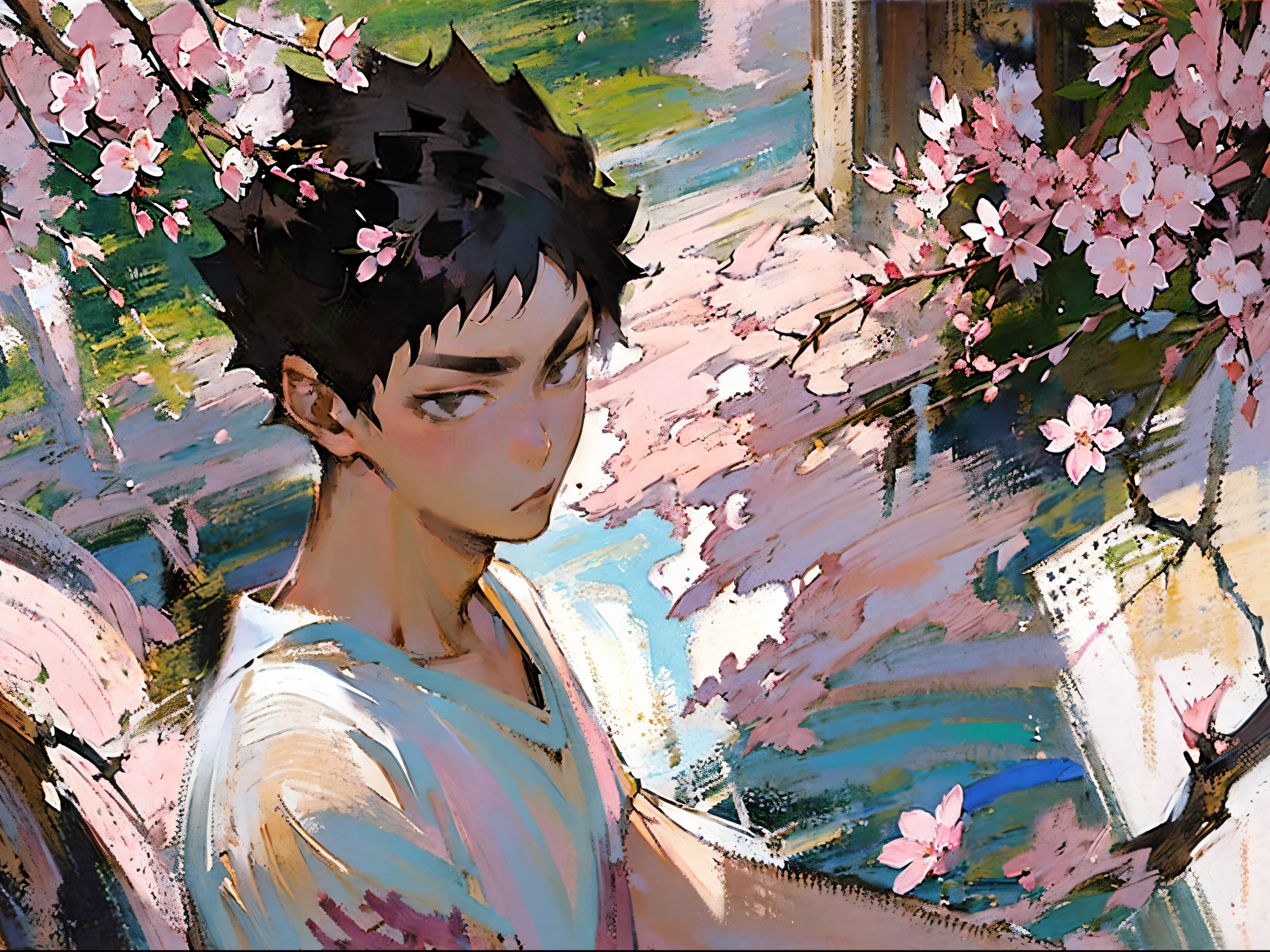 (((solo focus))),(((1 boy))),male focus,(((iwaizumi))),Fechin, oil painting, IMPRESSIONISM,black hair,((black eyes)),((short hair))plants,(((pink cherry blossom flowers))),rustic scenery,cottages,sakura,(((plain white tshirt))),khaki shorts,vibrant colors,((warm toned focus)),((((Looking at viewer)))),perfect face,(((handsome))),spiky hair