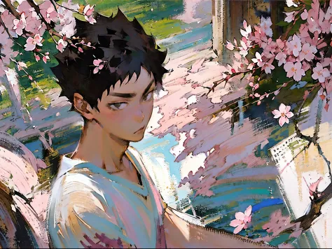 (((solo focus))),(((1 boy))),male focus,(((iwaizumi))),fechin, oil painting, impressionism,black hair,((black eyes)),((short hai...