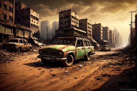 araffatured city in the middle of a barren area with cars parked in the dirt, post - apocalyptic wasteland, in a post-apocalypti...