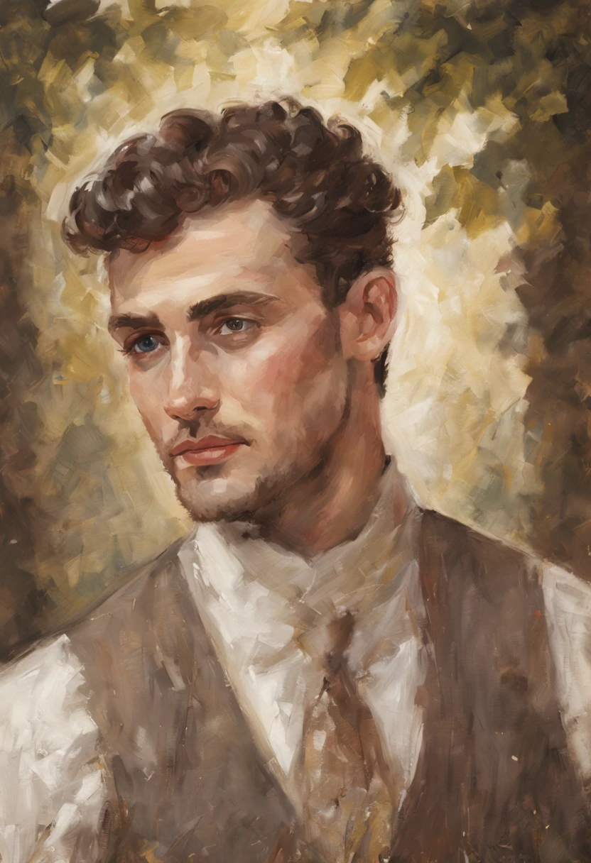 (best quality,4k,highres:1.2),realistic portrait painting,beautiful detailed eyes and lips,detailed face,bright lighting,warm color tones,charming Slavic groom with a curly quiff,forage cap,vest,smiling,wedding theme